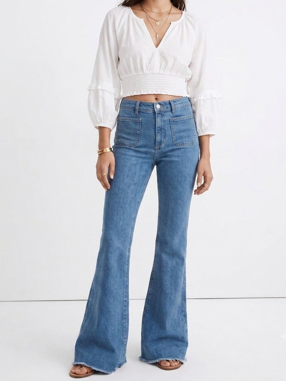 MANGO Patch Pocket Flare Jeans Size 4 High Rise Blue Raw Hem EUC